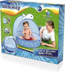 Bestway pop-up splash baby pool with UV canopy, blue inflatable tent and whale graphic