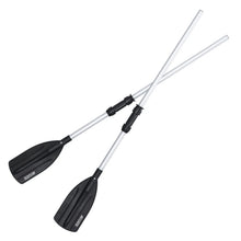 Sectional aluminum kayak oars with black blades and two silver shaft segments
