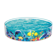 Round inflatable fish-designed pool with blue water surface and colorful underwater print
