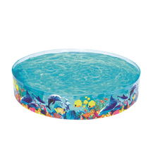 Fish-themed inflatable kiddie pool, round with clear blue water and sea animal graphics