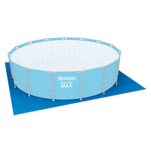 Blue square ground cloth tarp for pool, unfolded with edges visible