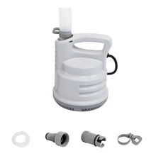 White pool and drain pump with carry handle and hose fittings, power cord