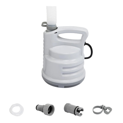 White pool and drain pump with carry handle and hose fittings, power cord