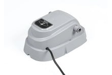 Electric pool heater unit in gray with control panel and hose connection