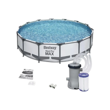 Framed above-ground swimming pool with steel frame, blue liner, and filter pump set