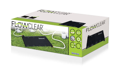 Solar pool heater mat system box with FlowClear logo in green and black