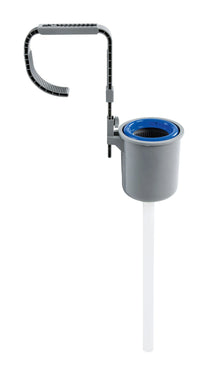 Pool surface skimmer with gray canister, blue strainer insert, and white handle