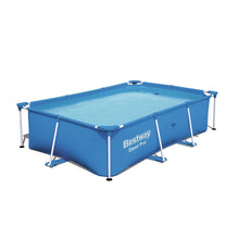 Rectangular above-ground steel pool with blue liner and metal frame, Bestway logo