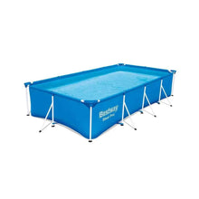 Rectangular above-ground pool with blue liner and steel frame, 4.0m x 2.1m