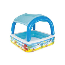 Inflatable play pool with blue canopy and sea-animal graphics, white-blue basin