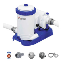 Pool filter pump with white housing and blue base, with hose fittings and clamp