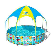 Round inflatable play pool with splash-in shade canopy, colorful print panels, blue water