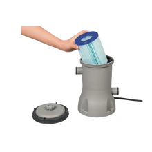 Pool filter pump cartridge with gray housing and blue top lid