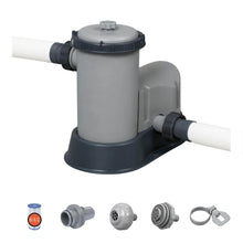 Pool filter pump with gray cylindrical body, two hose connectors, and nozzle fittings