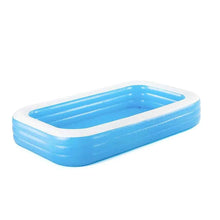 Rectangular inflatable pool with white rim and blue walls, empty interior