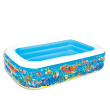 Inflatable play pool with blue interior and white rim, colorful fish print sides