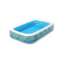 Inflatable family swimming pool with floral print and blue interior, white rim