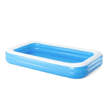 Inflatable rectangular pool with white border and blue interior, low profile