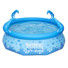 Blue round inflatable pool with octopus-shaped handles and dotted splash border