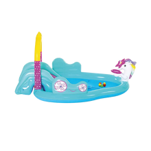 Unicorn inflatable pool with turquoise base, yellow-pink horn, and small rainbow balls