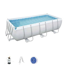 Rectangular above-ground steel pool with blue liner, white frame, ladder and filter