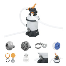 Sand filter pump, 800 GPH, with hoses and fittings; black and white body.