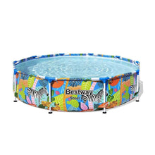 Round above-ground pool with safari animal print sides and blue steel frame, 3.05 m