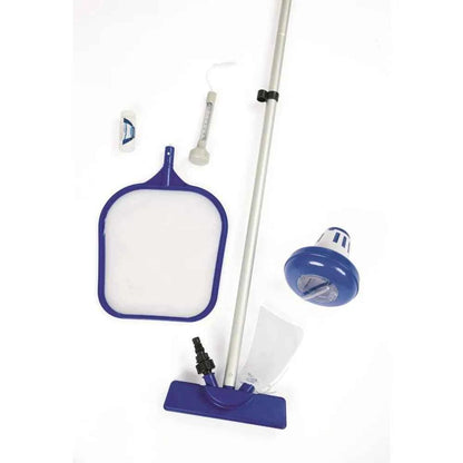 Pool accessories set: blue mesh net, pole, and floor brush