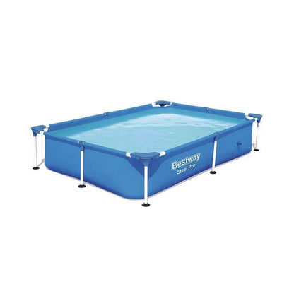 Round above-ground pool with blue sidewalls, steel frame, and corner supports