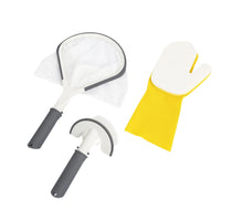 Spa cleaning tool set with net skimmer, curved brush, and yellow gloves