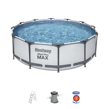 Round above-ground pool with blue liner and gray steel frame, Bestway Steel Pro Max