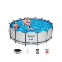 Round framed above-ground pool with blue water and gray steel panels, plus accessories