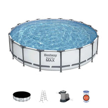 Round above-ground pool set with blue liner, metal frame, and included accessories