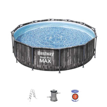 Round above-ground pool set with black steel frame and blue liner