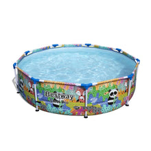 Round above-ground pool with colorful printed sidewall, blue top ring, Bestway Steel Pro