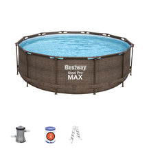 Round Bestway Steel Pro Max above-ground pool with blue liner, steel frame, ladder and pump