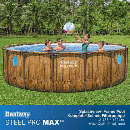 Steel Pro MAX™ Splashview™ Frame Pool Complete set with filter pump Ø 488 x 122 cm, wood printing (pine), round
