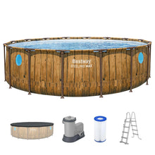 Round above-ground frame pool with wood-print walls, blue fittings, filter pump and ladder