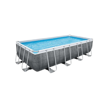 Rectangular above-ground pool with blue water, grey mesh sides and white metal frame
