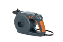 Electric air pump with orange-and-gray handle, front nozzle, and 12V power cord