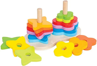 Rainbow stacker toy with multicolor star pieces and two wooden peg posts