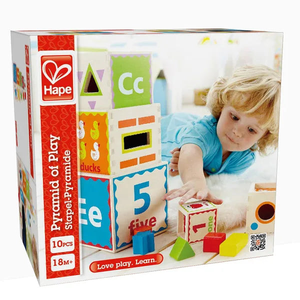 Stacking activity toy pyramid in retail box with number and shape blocks