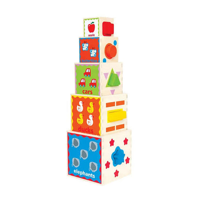 Pyramid stacking activity toy with colorful animal and shape blocks