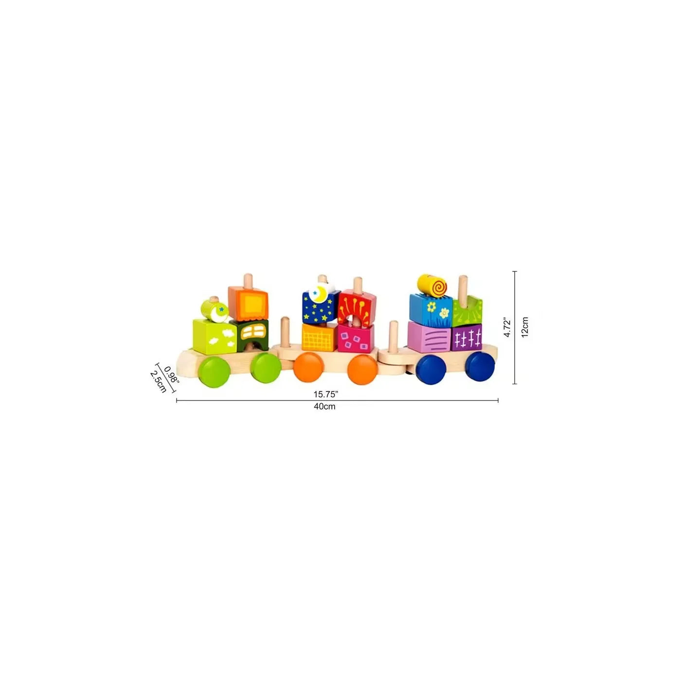 Colorful wooden activity train toy with block pieces on round wheels (size shown)