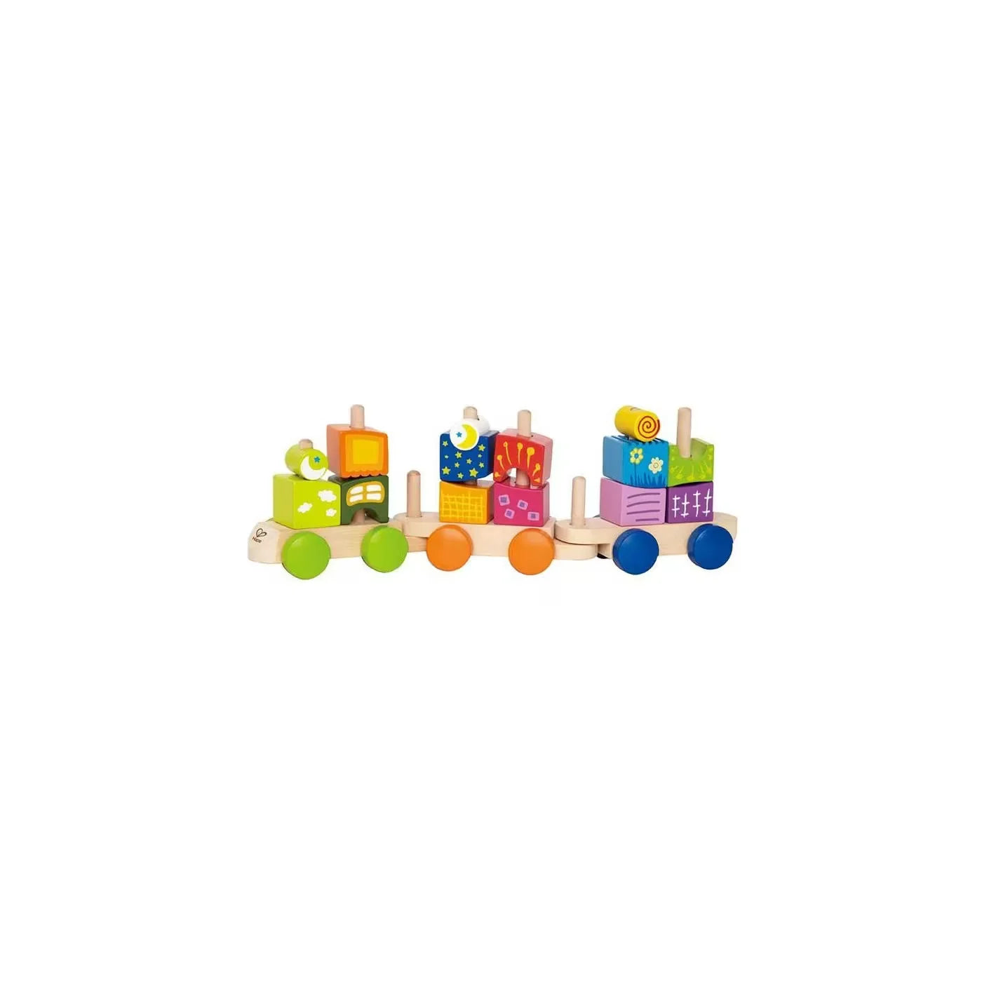 Colorful wooden activity train with block buildings on round wheels