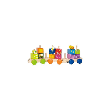 Colorful wooden activity train with block buildings on round wheels