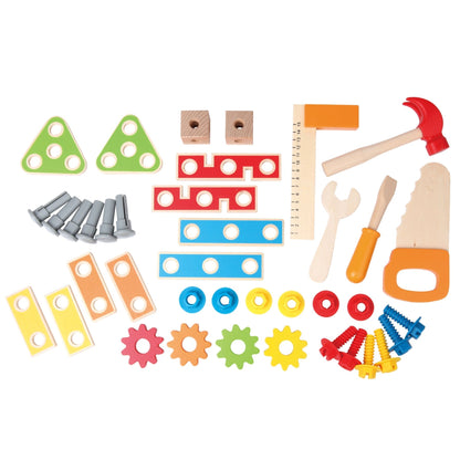 Wooden and plastic assembly parts set with screws, gears, beams, and hammer