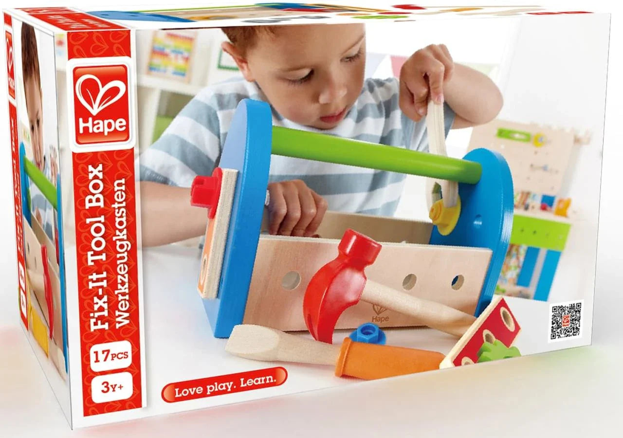 Fix-It Tool Box packaging showing colorful wooden hammer, gears, and bolts (17 pcs).