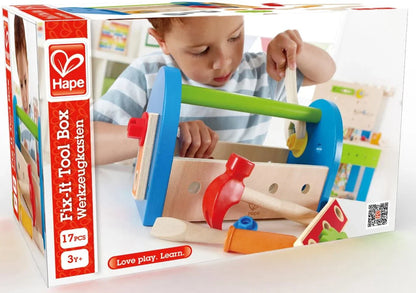 Fix-It Tool Box packaging showing colorful wooden hammer, gears, and bolts (17 pcs).