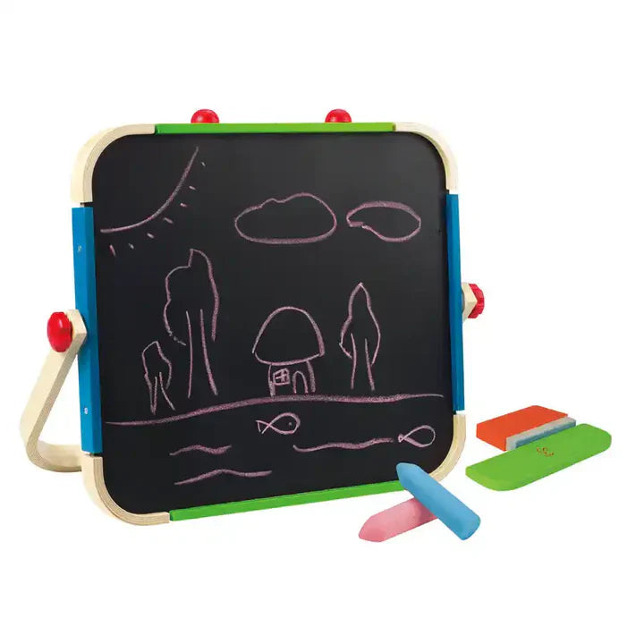 ANYWHERE ART STUDIO: Tafel-Set mit schwarzer Fläche, Holzrahmen und farbigen Kreiden